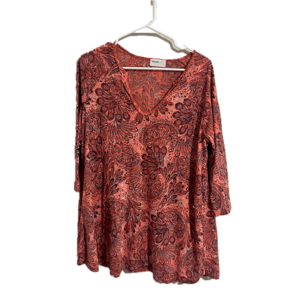 Allen Allen USA Coral Paisley Peacock‎ Print V-Neck Tunic Top Large Womens